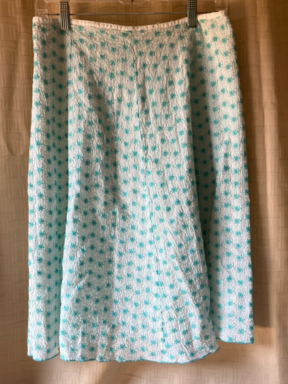 VINTAGE Johnny Was Skirt Sz 6 Embroidered Teal White Floral Cotton Lining A-Line